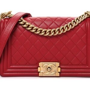 CHANEL Red Quilted Leather Shoulder Boy Bag with Gold Chain